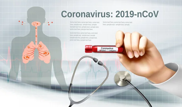 Coranavirus Тло Лікарською Трубкою Тримає Трубку Пасивним Тестом Стетоскопом Вектор — стоковий вектор