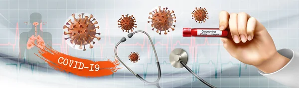 Coranavirus Background Doctor Holding Tube Pasitiv Test Virus Molecules Vector — Stock Vector
