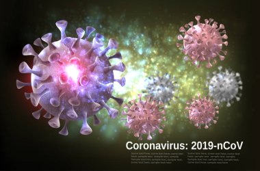 Coranavirus panoraması. Virüs COVID 'li arka plan - 19 molekül. Vektör illüstrasyonu