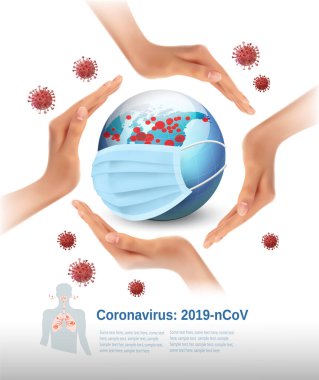Coronavirus Geçmişi, COVID-19, Dünya 'nın dört bir yanındaki eller koruyucu tıbbi yüz maskesi ve virüs molekülleri takıyor. Vektör illüstrasyonu