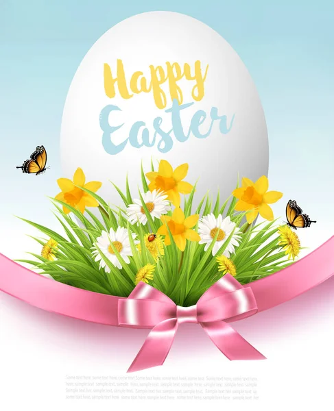 复活节销售背景 绿草和花朵中的假日彩蛋 — 图库矢量图片