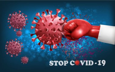 Elinde COVID-19 virüsüyle savaşan mavi bir boks eldiveni var. Coronavirus kavramına karşı savaş. Vektör illüstrasyonu.