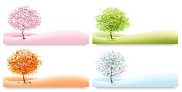 Quatre Milieux Naturels Avec Des Arbres Stylisés Représentant Différentes Saisons — Image vectorielle