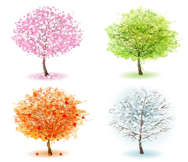 Nature Four Stylized Trees Representing Different Seasons Vector — Stock Vector