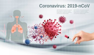 Coranavirus kavramını durdur. Elinde aşı olan şırınga ile virüs COVID 'i yok ediyor. 19 molekül. Vektör illüstrasyonu