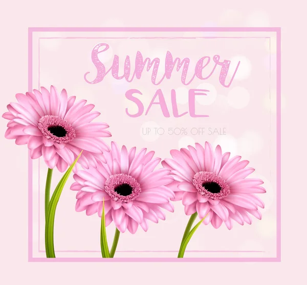 Summer Sale Achtergrond Met Roze Gerbera Madeliefjes Vectorillustratie — Stockvector