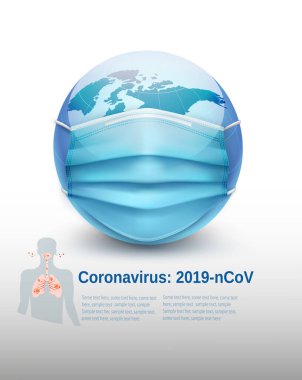 Dünya küresi koruyucu tıbbi yüz maskesi takıyor. Coronavirus Geçmişi, COVID-19. Vektör illüstrasyonu