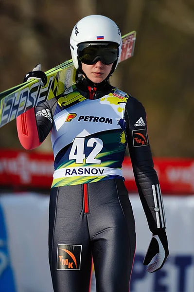 Rasnov, Romania - March 1: Unknown ski jumper competes in the FI — Stock Photo, Image