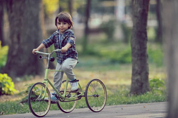 Menino feliz com bicicleta no parque de outono — Fotografia de Stock