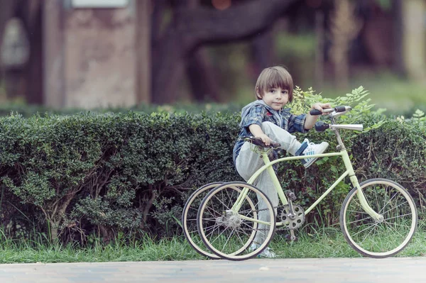 Happy boy with bicycle in the autumn park — Stock Photo, Image