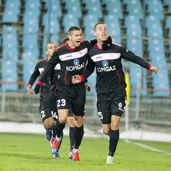 GALATI, ROMANIA - OCTOMBER 19: Unknown footbal players  celebrat — Stock Photo, Image