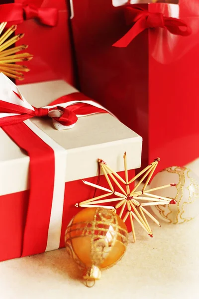 Christmas card with gift boxes — Stock Photo, Image