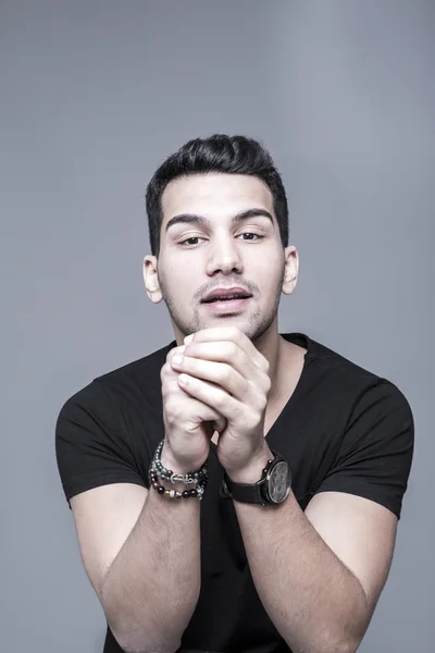 Young Handsome Middle Eastern Man Black Shirt Grey Background Studio — Stock Photo, Image