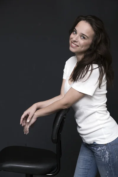 Young Beautiful Woman Studio Portrait Dark Color Haired Blue Eyed Stock Picture