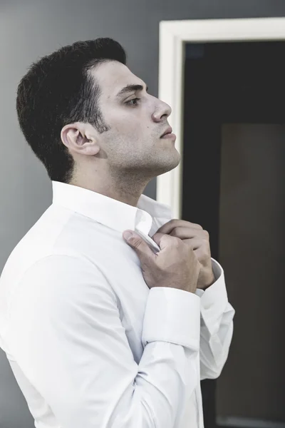 Attractive Young Man White Shirt Studio Shot Male Model Dark — Stock Photo, Image