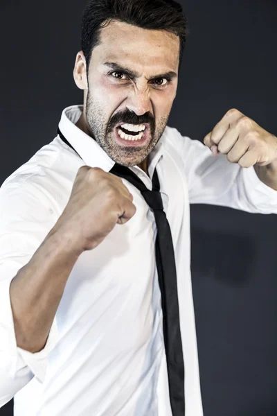 Young Handsome Man Mustache Showing Angry Face Fisted Hands Studio — Stock Photo, Image