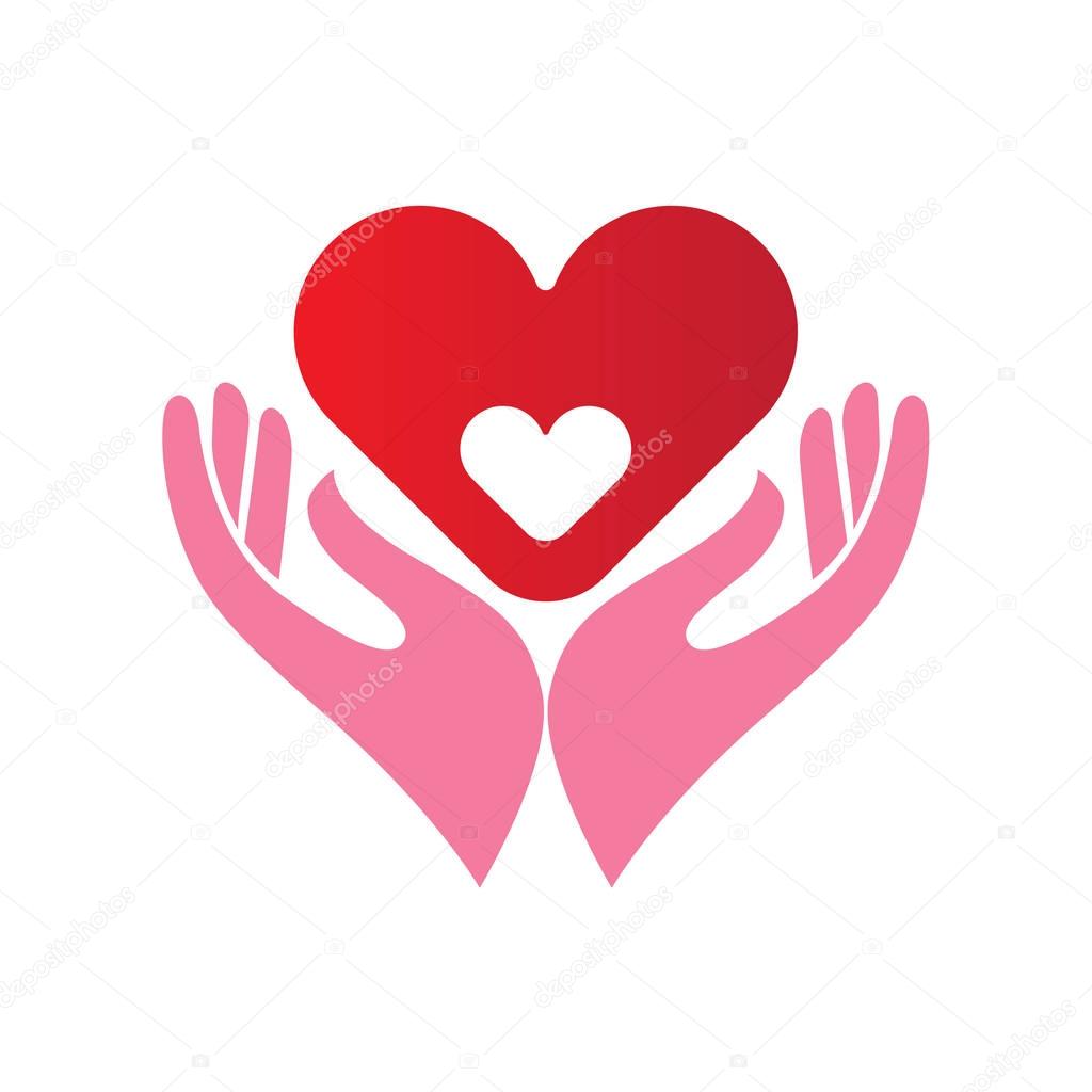 Abstract icon or emblem with two hands holding a heart within another heart, healthcare, motherhood concept