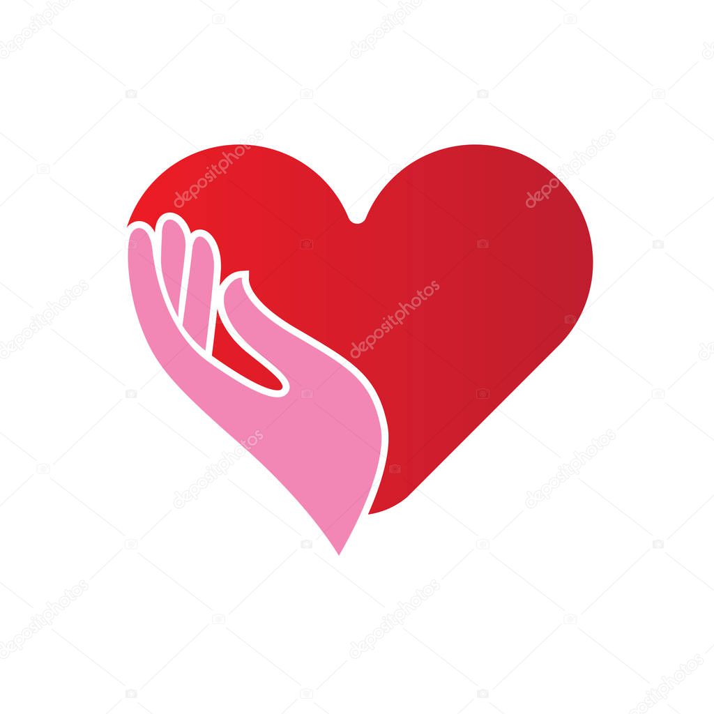 Abstract icon or emblem with a hand holding a heart, healthcare, motherhood or valentines concept