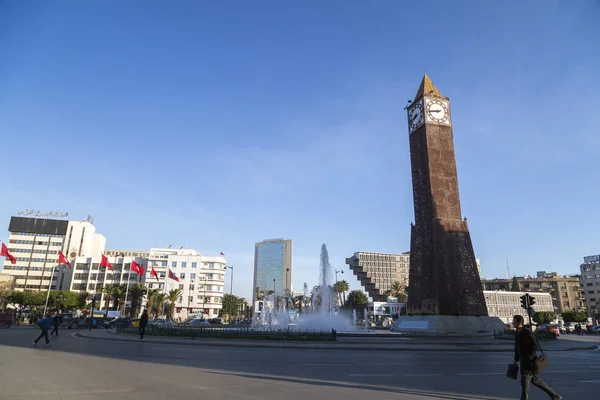 Clock tower monument in the central square of Tunis, the Tunisian capital city — Stock Photo, Image