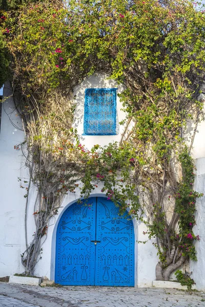 Porta tradicional tunisiana ornamental, detalhe da arquitetura típica árabe mediterrânica — Fotografia de Stock