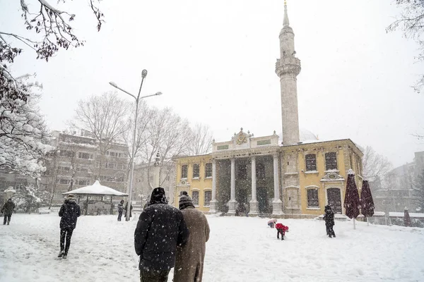 Şiddetli kar yağışı tüm Istanbul 8 Ocak'ta kapsar. Şişli, Istanbul Teşvikiye Camii'nde görünümünden. — Stok fotoğraf