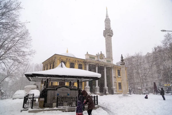 Şiddetli kar yağışı tüm Istanbul 8 Ocak'ta kapsar. Şişli, Istanbul Teşvikiye Camii'nde görünümünden. — Stok fotoğraf