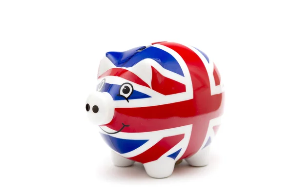 Porzellan Sparschwein mit uk Flagge Print isoliert auf weiß — Stockfoto