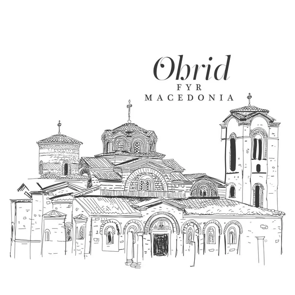 Digitala frihandsteckning av kyrkan av Panteleimon, Ohrid, Ma — Stock vektor
