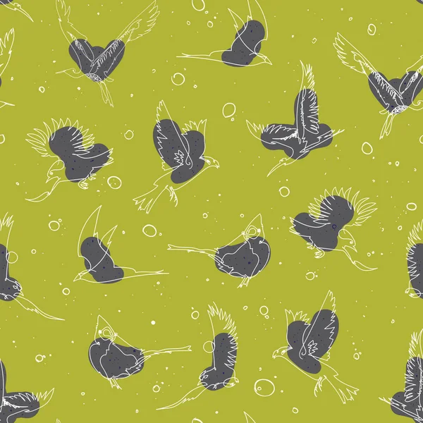 Elle çizilmiş sanatsal tek satır kuşlar seamless modeli — Stok Vektör