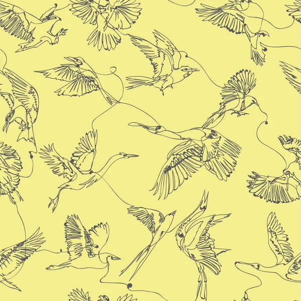 Single line bird drawings seamless pattern — Stock Vector