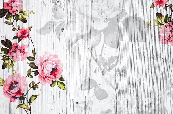 Wooden surface texture with shabby chic vintage rose decorations — Stock Photo, Image