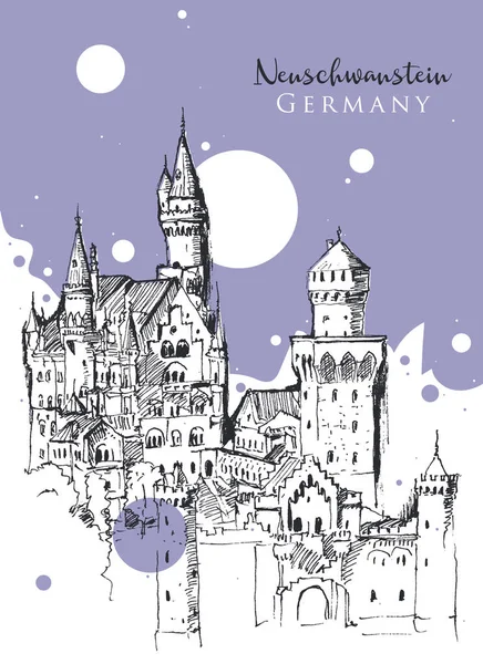 Zeichnung Skizze Illustration von Schloss Neuschwanstein — Stockvektor