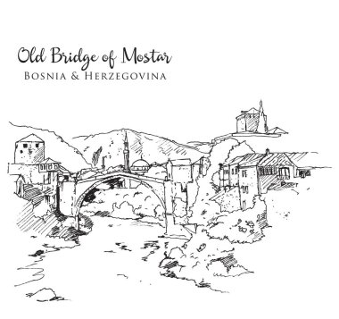 Drawing sketch illustration of the Old Bridge of Mostar or Stari Most, the ancient Ottoman structure in Bosnia and Herzegovina clipart