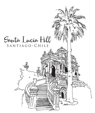 Drawing sketch illustration of Santa Lucia Hill park in Santiago, Chile clipart