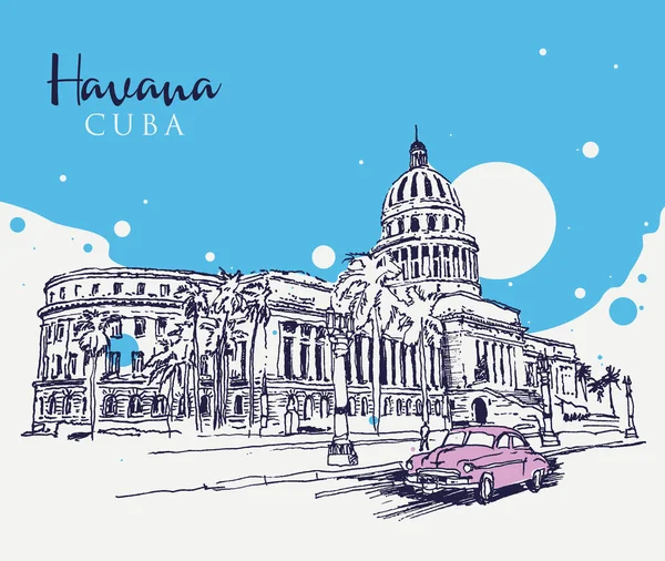 Desenho Ilustração Esboço Edifício Capitólio Capitolio Havana Capital Cubana — Vetor de Stock