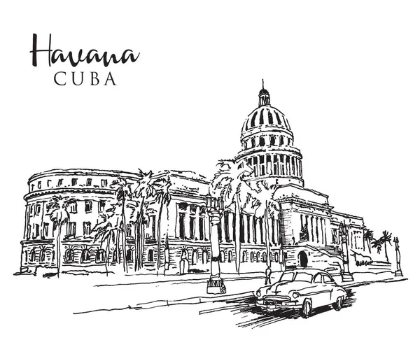 Dibujo Ilustrativo Del Edificio Del Capitolio Capitolio Habana Capital Cubana — Vector de stock