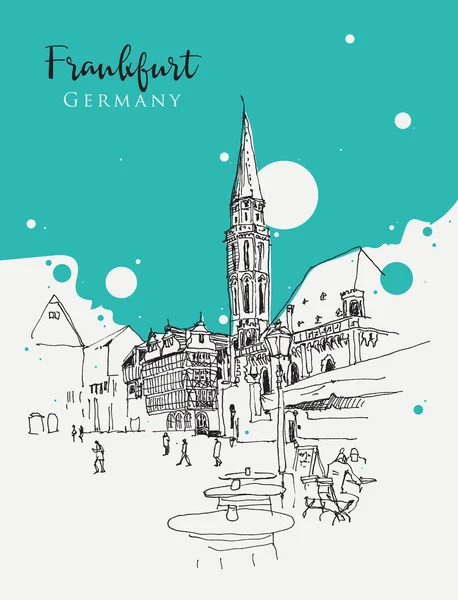 Rysunek Szkic Ilustracji Altstadt Roemerberg Platz Stary Kościół Świętego Mikołaja — Wektor stockowy