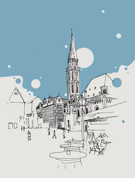 Dibujo Ilustración Altstadt Roemerberg Platz Iglesia Del Viejo San Nicolás — Vector de stock