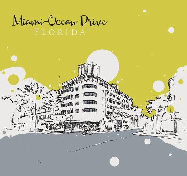 Drawing Sketch Illustration Corner Ocean Drive Miami Florida Usa — Stock Vector