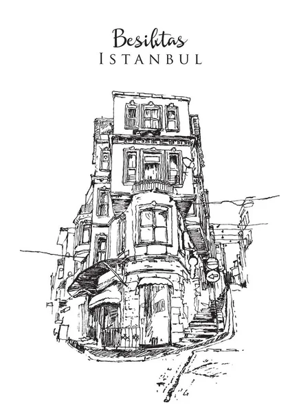 Dessin Illustrant Bâtiment Angle Traditionnel Style Ottoman Besiktas Istanbul Turquie — Image vectorielle