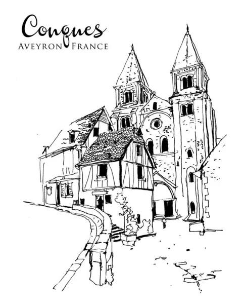 Rysunek Szkic Ilustracja Ulicy Starymi Budynkami Miejscowości Conques Aveyron Francja — Wektor stockowy