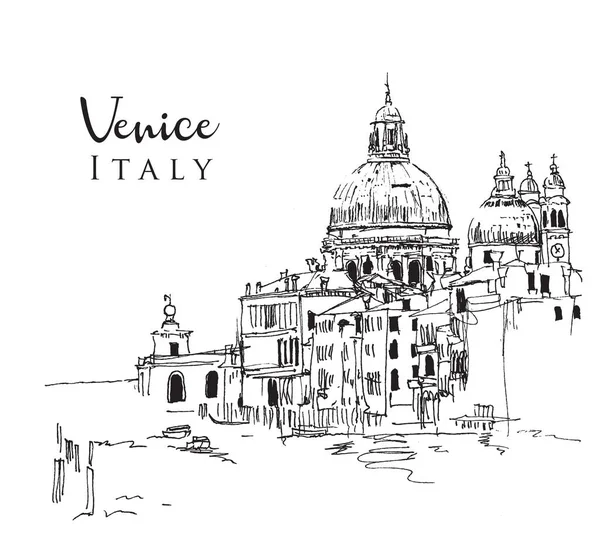 Drawing Sketch Illustration Famous Canals Dome Basilica Santa Maria Della — Stock Vector