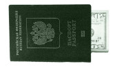 Ruský pas a dolary Usa izolované na bílém pozadí