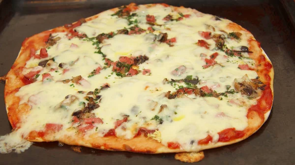 Pizza dengan mozzarella, jamur goreng, sosis dan peterseli — Stok Foto
