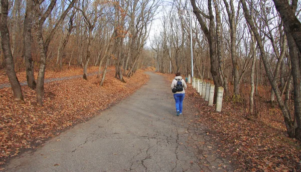 Mujer joven caminando en el parque de otoño de cerca —  Fotos de Stock