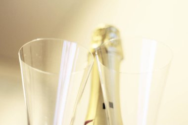 Yalnız içmeden önce bir şişe şampanya ve bir çift bardak.