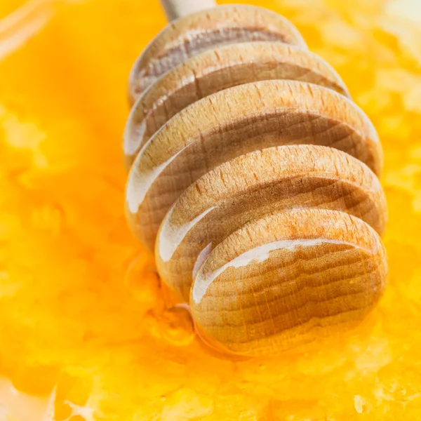 Pau de mel de madeira na superfície de mel — Fotografia de Stock