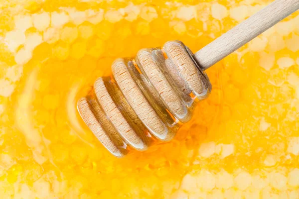 Деревянная медовая ковша на поверхности меда — стоковое фото