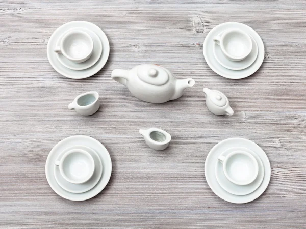Top view of tea set on gray brown table — Stock Photo, Image