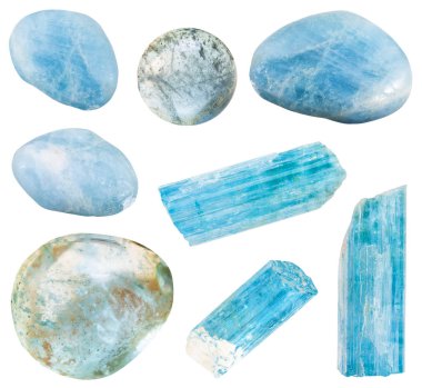 çeşitli aquamarine (mavi beryl) mineraller kümesi
